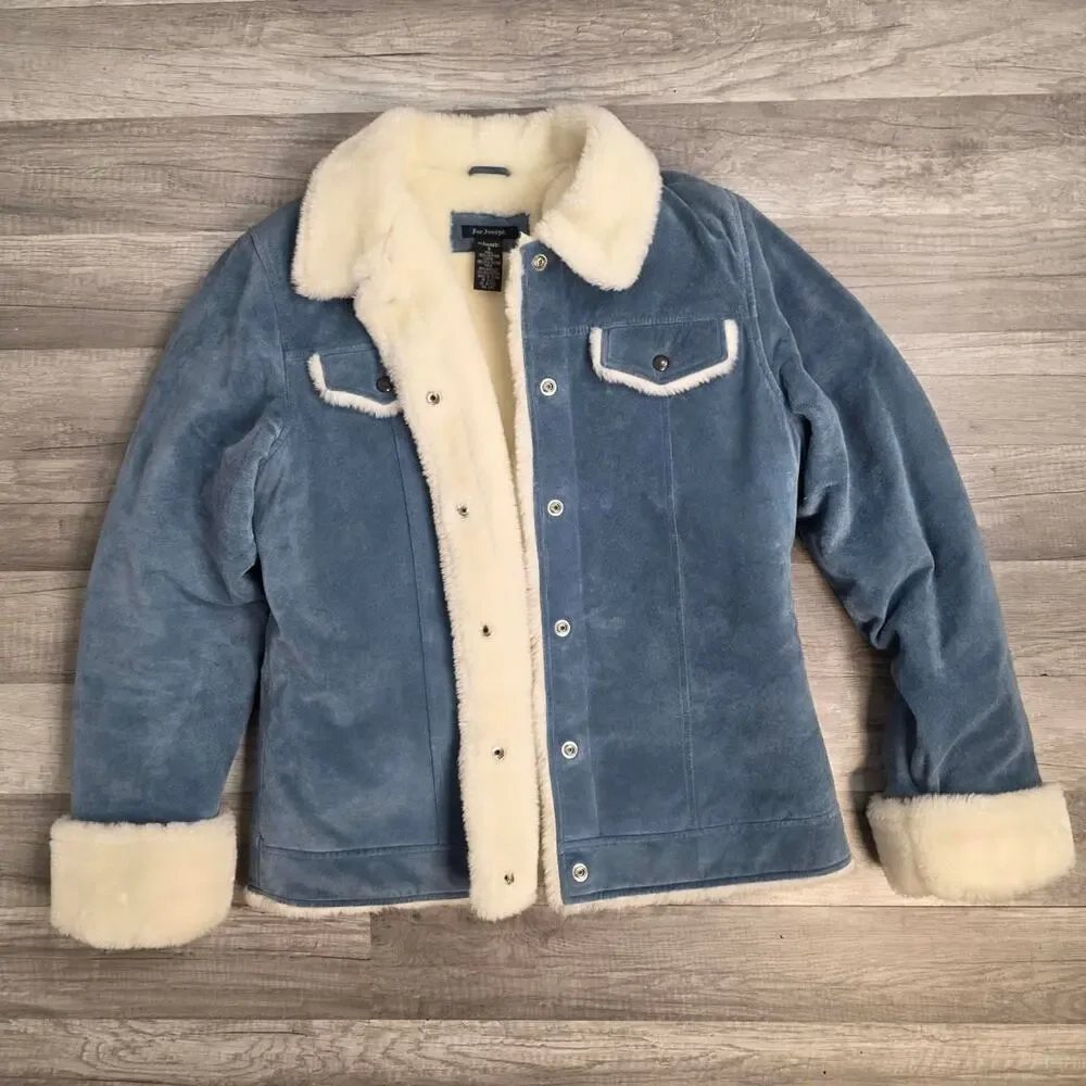 Vintage Blue Suede Penny Lane Jacket Faux Shearling Size Small 90s